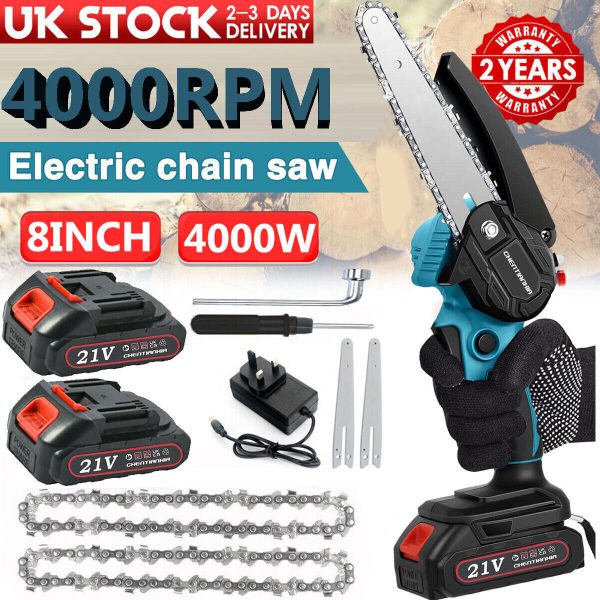 2 Batteries 8-4000W Mini Cordless Chainsaw Electric One-Hand Saw Wood Cutter